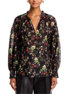NEW Alice + Olivia Julius Silk Cotton Blend Smocked Blouse Top.  Black print.  M